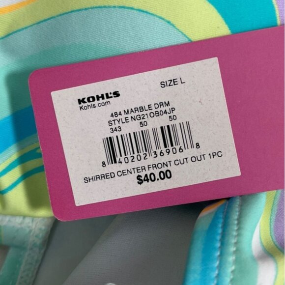 Ninety-Nine Blue Multicolor pattern Ruched Front Cutout One-Piece Swimsuit Sz L - Picture 6 of 8